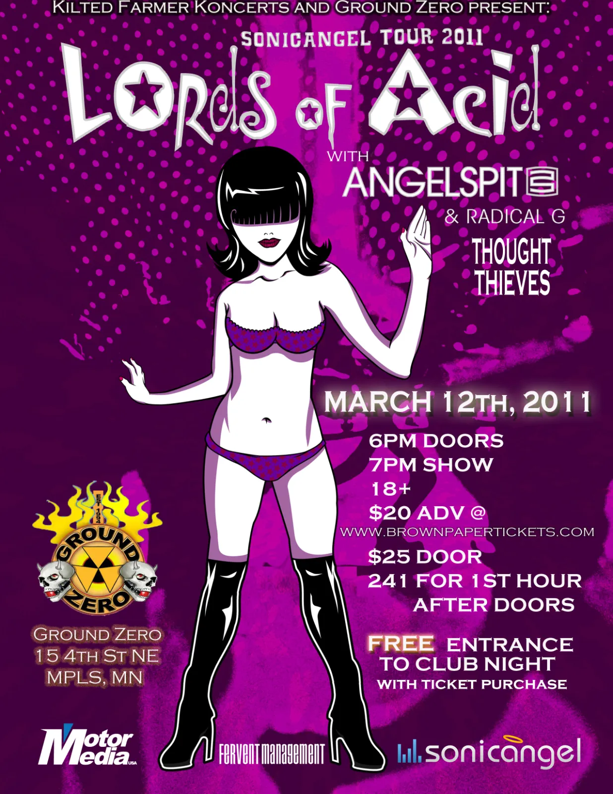 Sonicangel Tour 2011 flyer - Ground Zero, Minneapolis MN, March 12th (w/ Angelspit & Radical G, Thought Thieves)