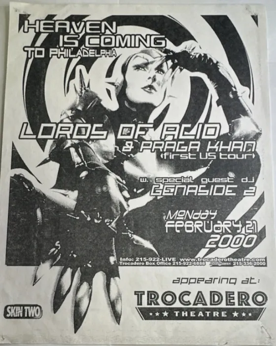 Heaven Is Coming Tour 2000 flyer - Trocadero Theatre, Philadelphia, Feb 21 2000 (first US tour, w/ Praga Khan & special guest DJ Benaside 3)